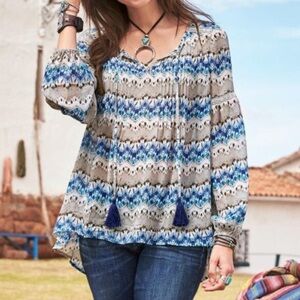 Sundance Earth To Sky Silk Blouse Tassel Tie Long Sleeve Sheer Size Medium